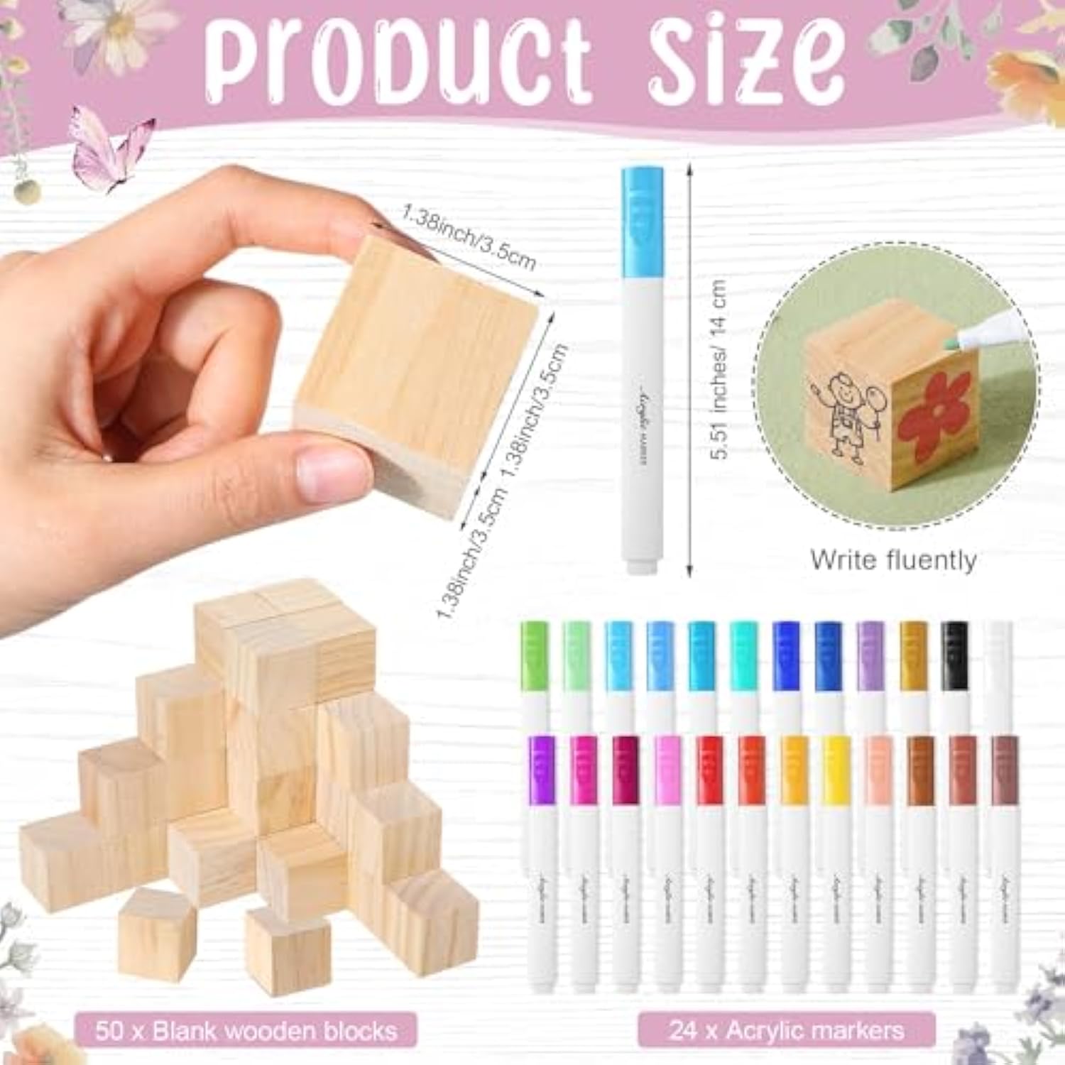 75 Pcs Baby Shower Games Sign Kit Including Decorate A Block Game Sign 50 Diy Blank Wooden Block 24 Acrylic Paint Marker Baby Shower Prize For Winners Gender Reveal(Pastel,Wildflower)