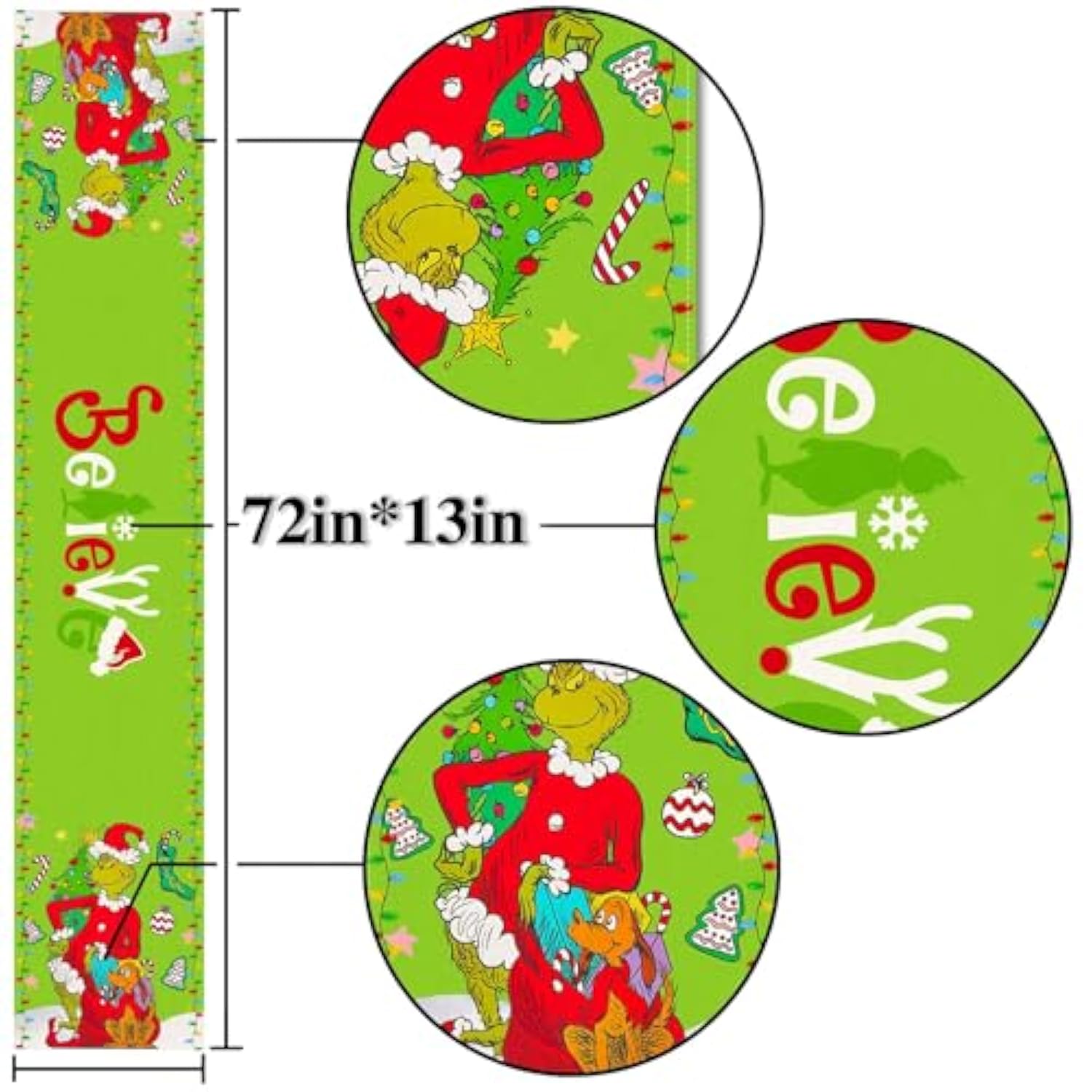 Merry Christmas Table Runner Xmas Winter Holiday Believe Theme Party Decoration Green Elf Home Kitchen Dining Room Decor 72Inches Long