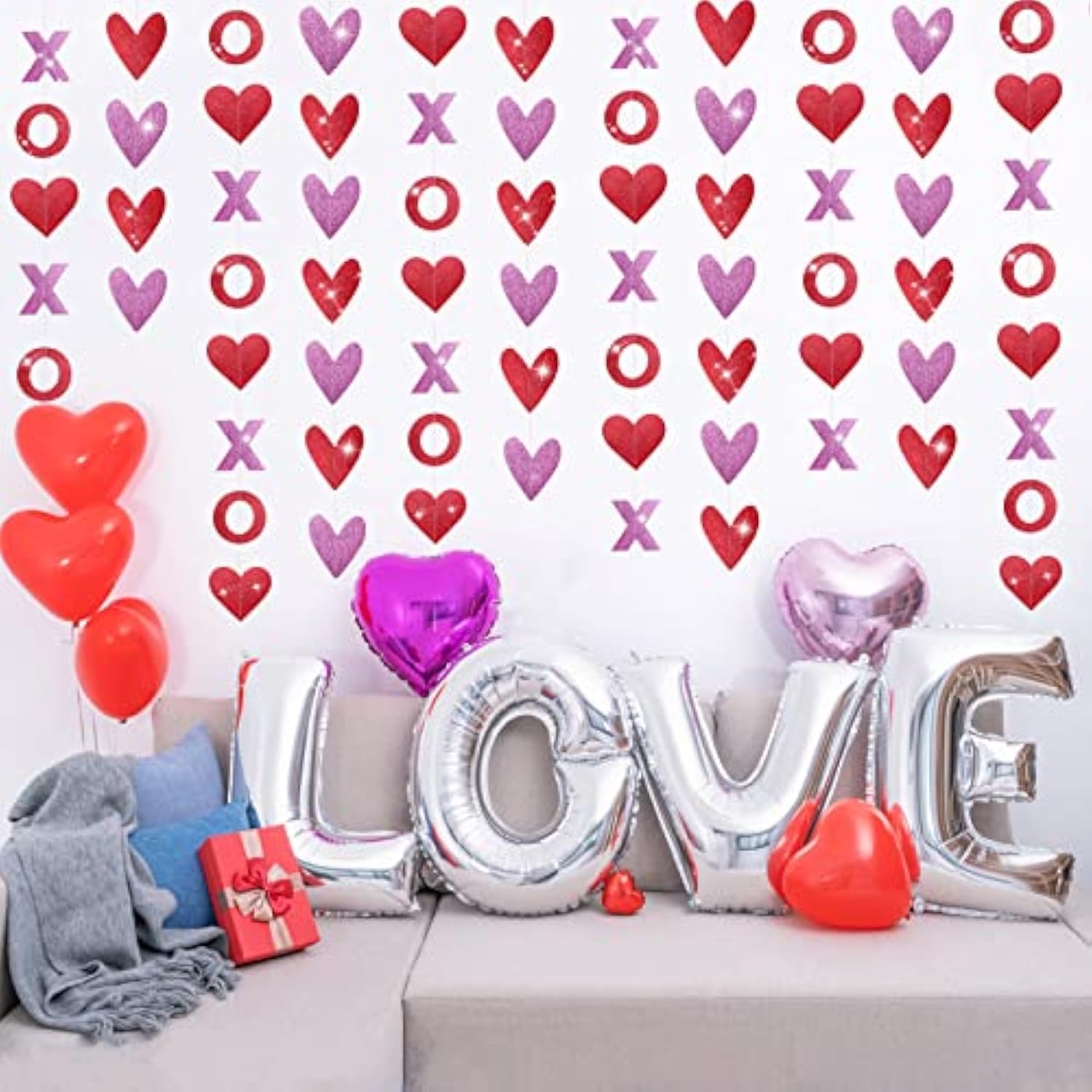 8 Pack Valentines Day Decor Heart & Xo Garland Banner In Red And Pink, Glitter Fabric/Paper, Perfect For Home, Mantel, Classroom, Party, Wedding
