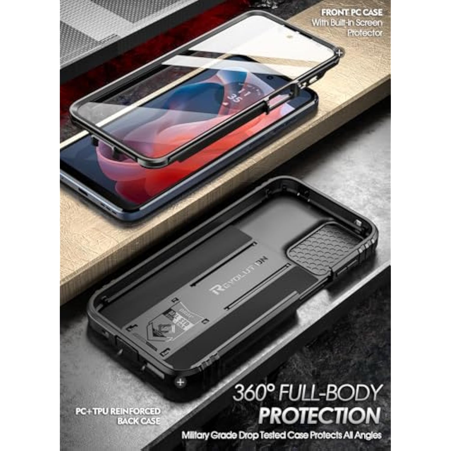 Revolution Case For Motorola Moto G Play 4G 2024 [Not Fit 2023 Version], [Slide Camera Cover], Full-Body Military Grade Shockproof Cover With Kickstand And Built-In-Screen Protector, Black
