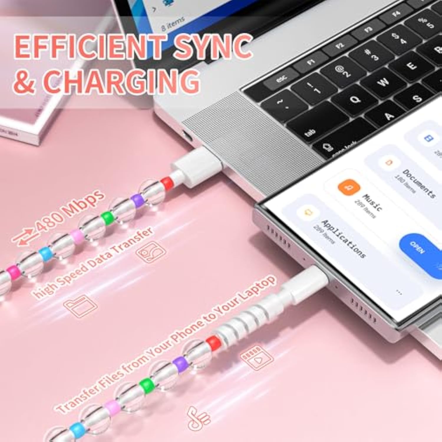 Usb C Cable 66W Fast Usb A To Usb C Charging Cable 6.6Ft/2M Long Cute Beaded For Iphone Charger Pearl Usb Type C Charger Cord For Iphone 17 16 Pro/16 Pro Max/16 Plus15 Pro Max Plus Transparent