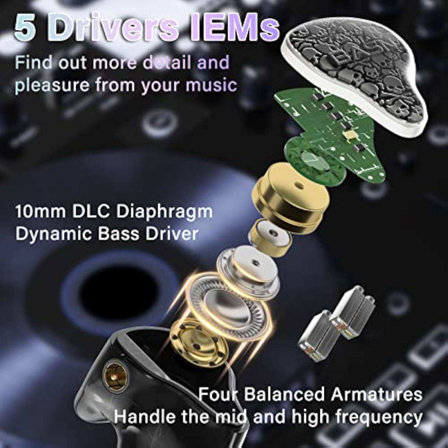 Bmaster5 In Ear Monitors, 1Dlc Diaphragm+4Ba 5 Drivers Drummers Headphones With Silver-Plated Ofc Cable, Noise Isolation Iem Earbuds For Musicians (Midnight Black)