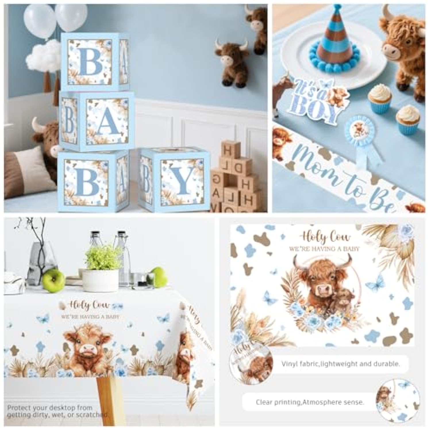 241Pcs Highland Cow Baby Shower Decorations For Boy, One-Stop Package Includes 40 Plates 2 Tablecloths 1 Sash And 1 Pin, Complete Balloon Arch Tableware Set For Baby Shower