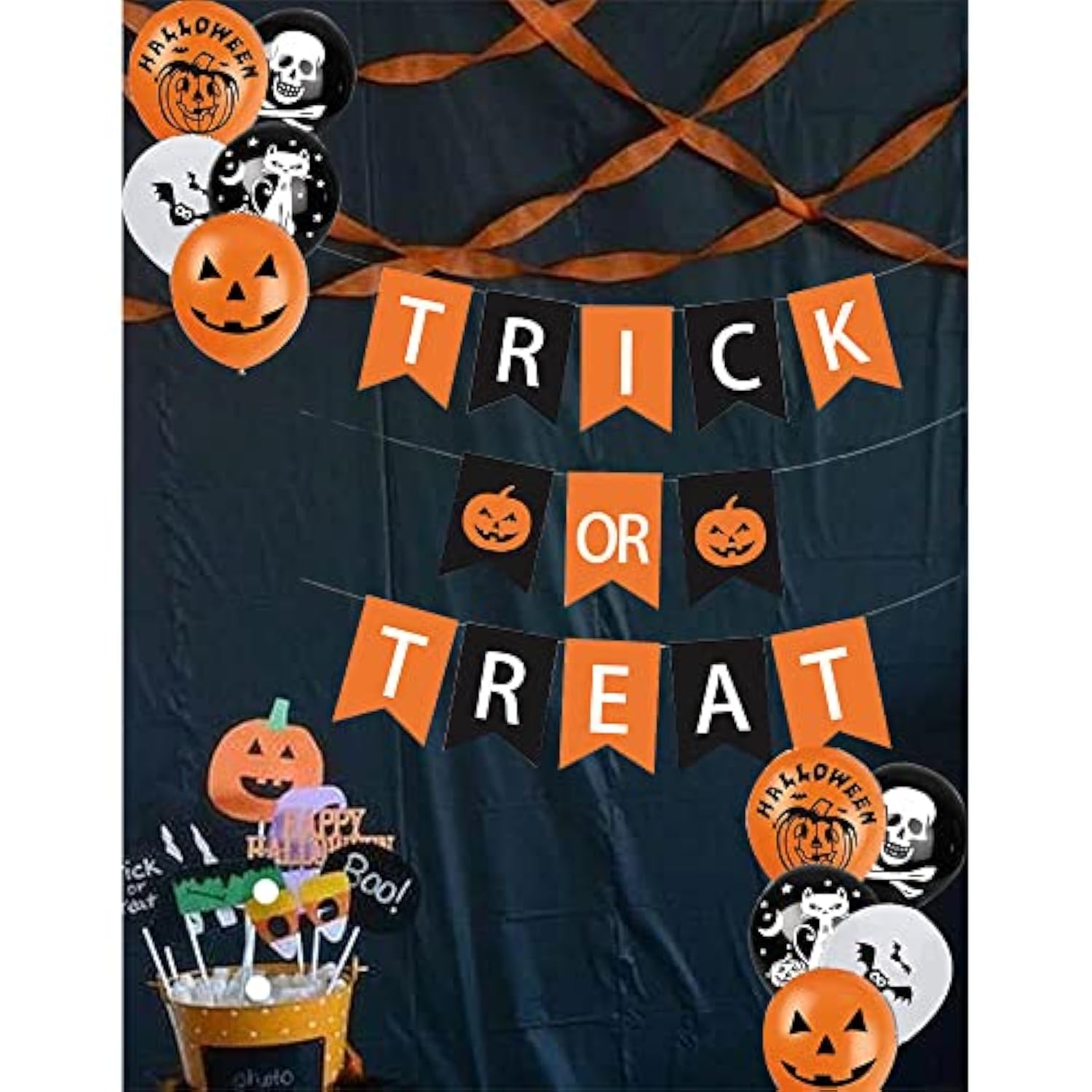 Halloween Happy Banner Decorations Trick or Treat Black Orange Banner with Balloons for Party