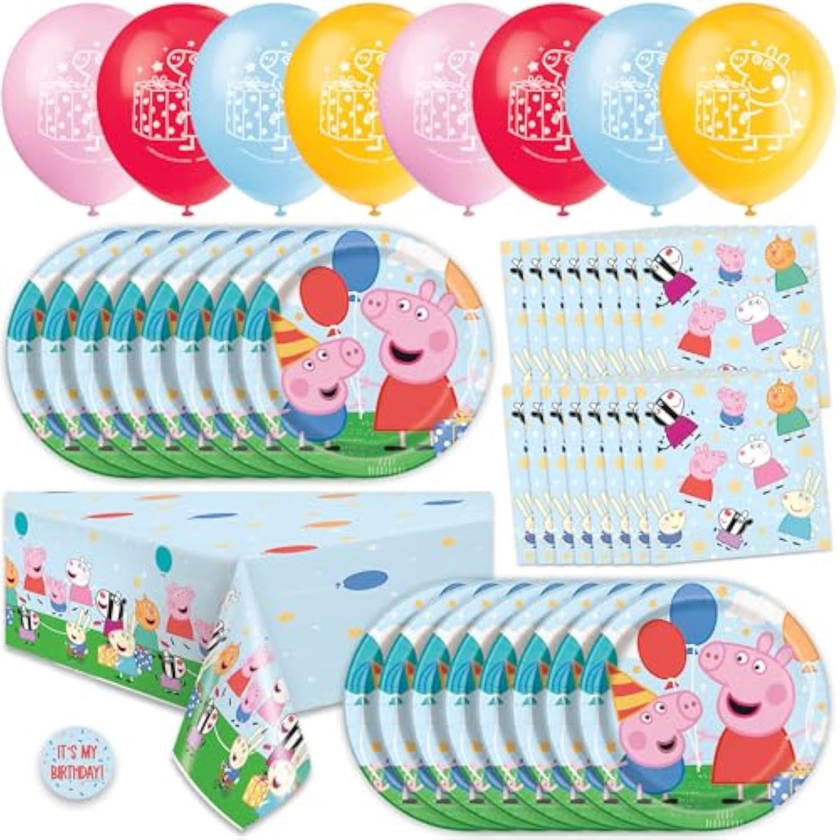 Peppa Pig Birthday Decorations | Serves 16 | Balloons, Tablecloth, Plates, Napkins, Sticker | Peppa Pig Party Decorations