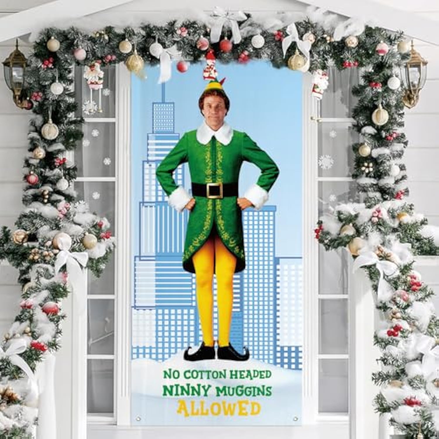 Funny Christmas Door Cover, No Cotton Headed Ninny Muggins Allowed Porch Sign For Outdoor Decorations, Buddy The Elf Photo Booth Background Banner, Elf Christmas Party Decor Supplies, 70.8X35 Inch