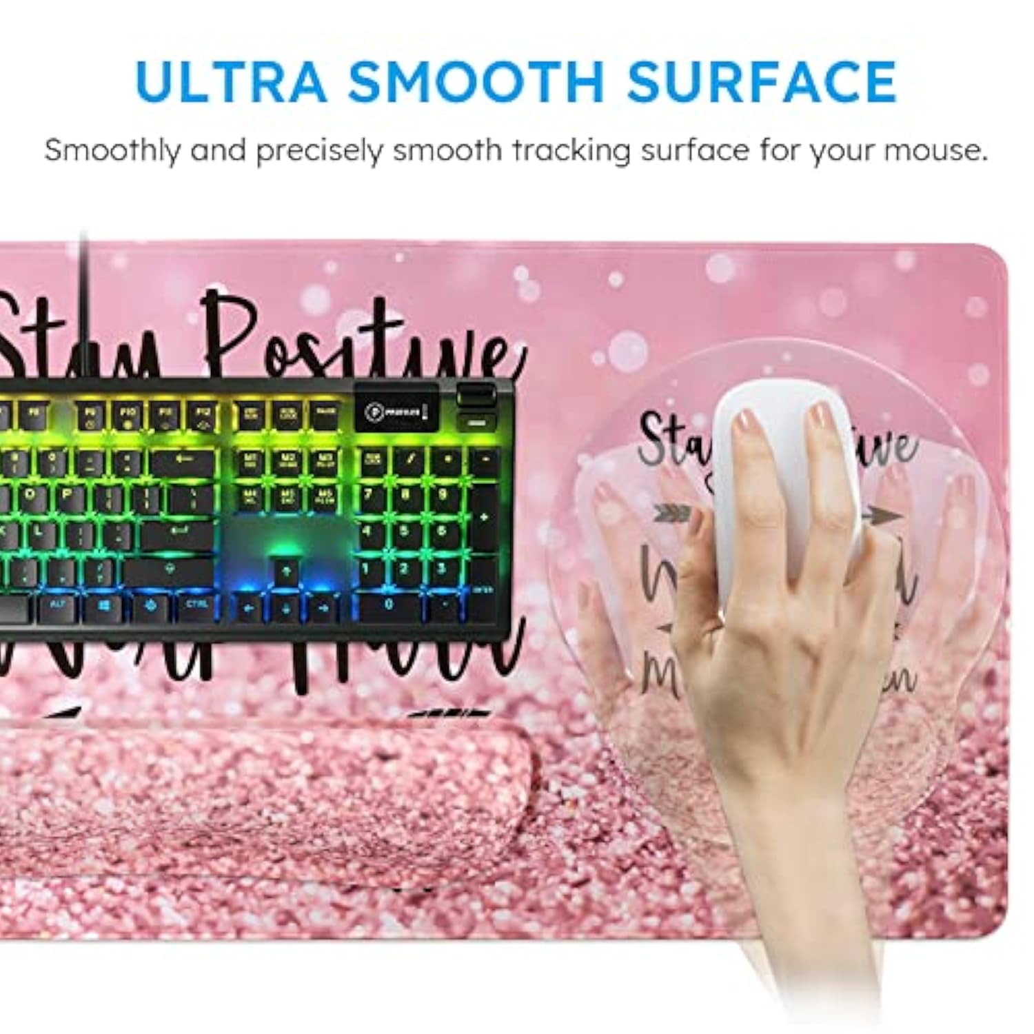 Mouse Pad,Large Pink Desk Mat, 4In1 Xxl Mousepad + Keyboard Wrist Rest+Mouse Wrist Rest+Coaster Set With Ergonomic Desk Pad For Home Office Table Computerpink Stay Positive