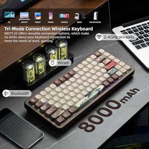 75% Wireless Creamy Keyboard With Wood Shell, Qmk/Via Wd75 V2 Retro Mechanical Gaming Keyboard 8000Mah Battery, Tri-Mode Custom Key Board Rgb Hot Swappable, Moa Japanese Keycap-Linear Switch