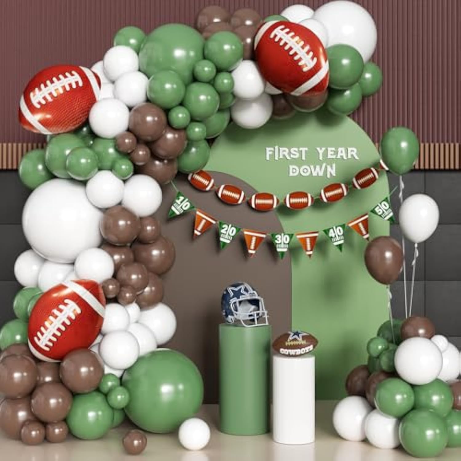 Football Balloon Arch Kit, Football Party Decorations Favors Banner, First Year Down Football Birthday Party Decorations, Superbowl Party Decorations 2025 With Sage Green And Coffee Brown Balloons