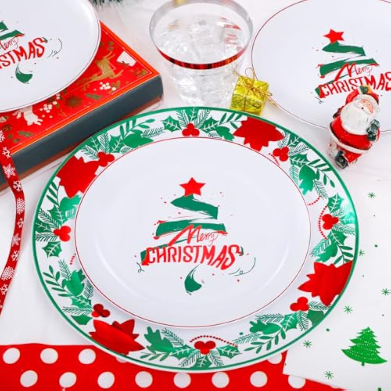 176 Pieces Of Christmas Plates - Disposable Plastic Dinnerware Set - Christmas Tree Includes 50 Plates 75 Plastic Silver Cutlery 25 Cups 25 Napkins And Tablecloths
