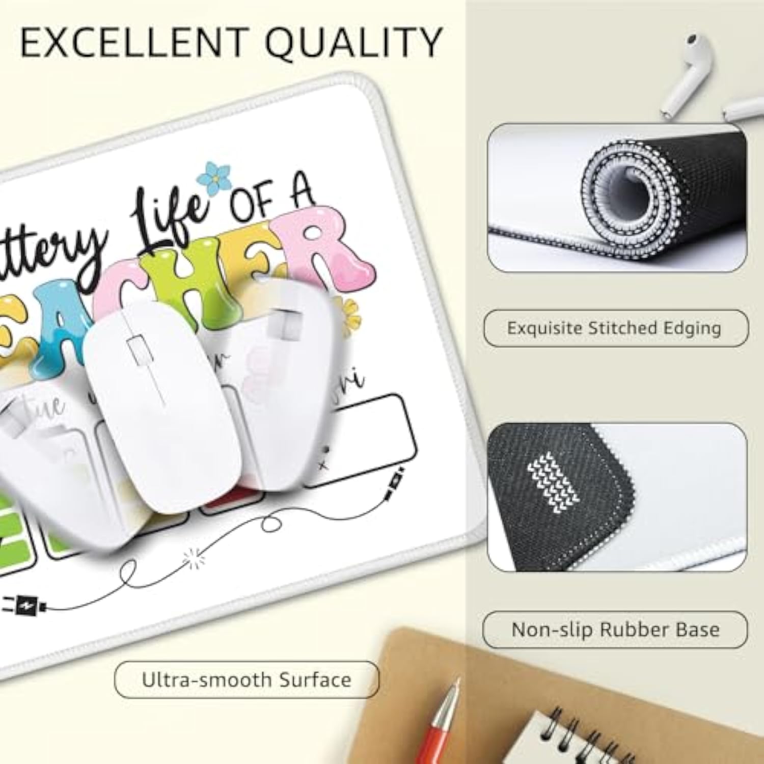 Battery Life Of A Teacher Non-Slip Mouse Pad With Stitched Edge, Funny Teaching Gifts, Teachers Day Gifts For Women Friends, Appreciation Gifts For Teacher Assistant, Back To School Gifts