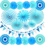 Blue Party Decoration, 21Pcs Blue Hanging Paper Fans, Paper Pom Poms Flowers, Pennant, Garland String, Banner For Boy Birthday, Bridal Shower, Baby Boy Showers, Wedding