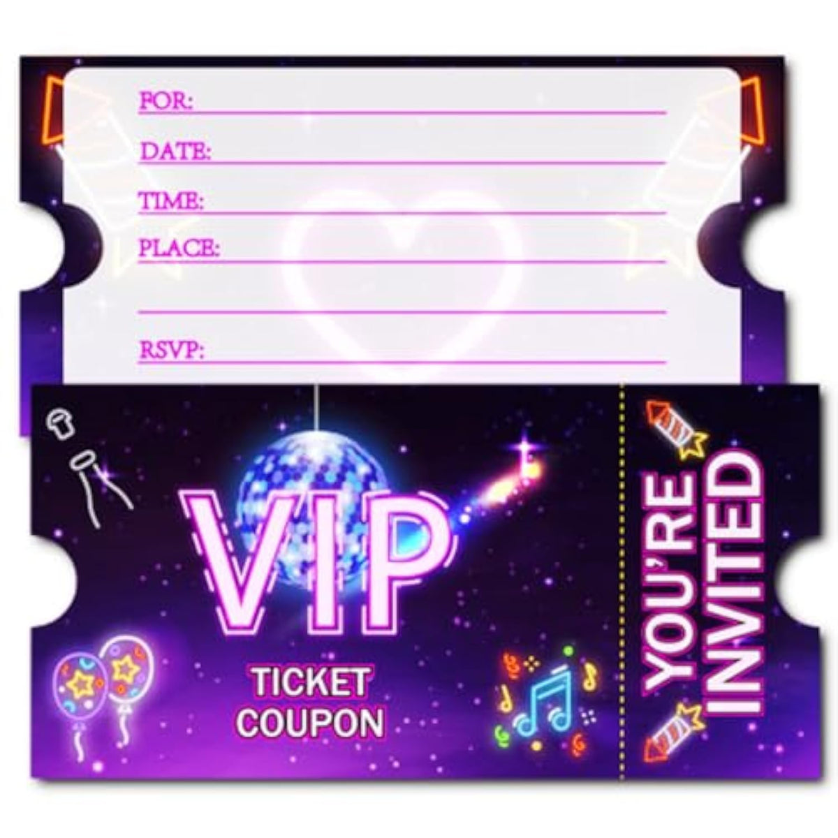 30pcs Neon VIP Birthday Invitations Purple Cards with Envelopes for Kids