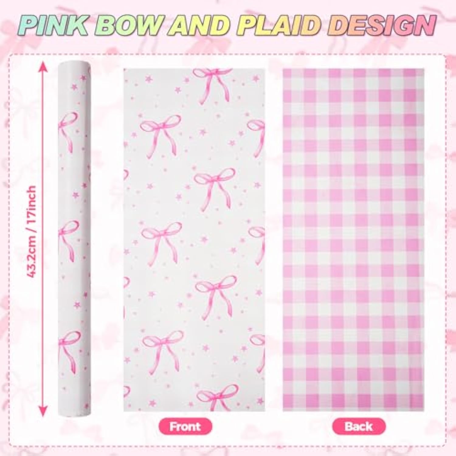 Pink Bow Reversible Wrapping Paper Roll - Mini Roll - 1 Roll 17" X33Ft Pink Bow Birthday Wrapping Paper Roll For Girls Kids Pink And White Plaid Design Gift Wrap Paper Pink Bow Party Favor