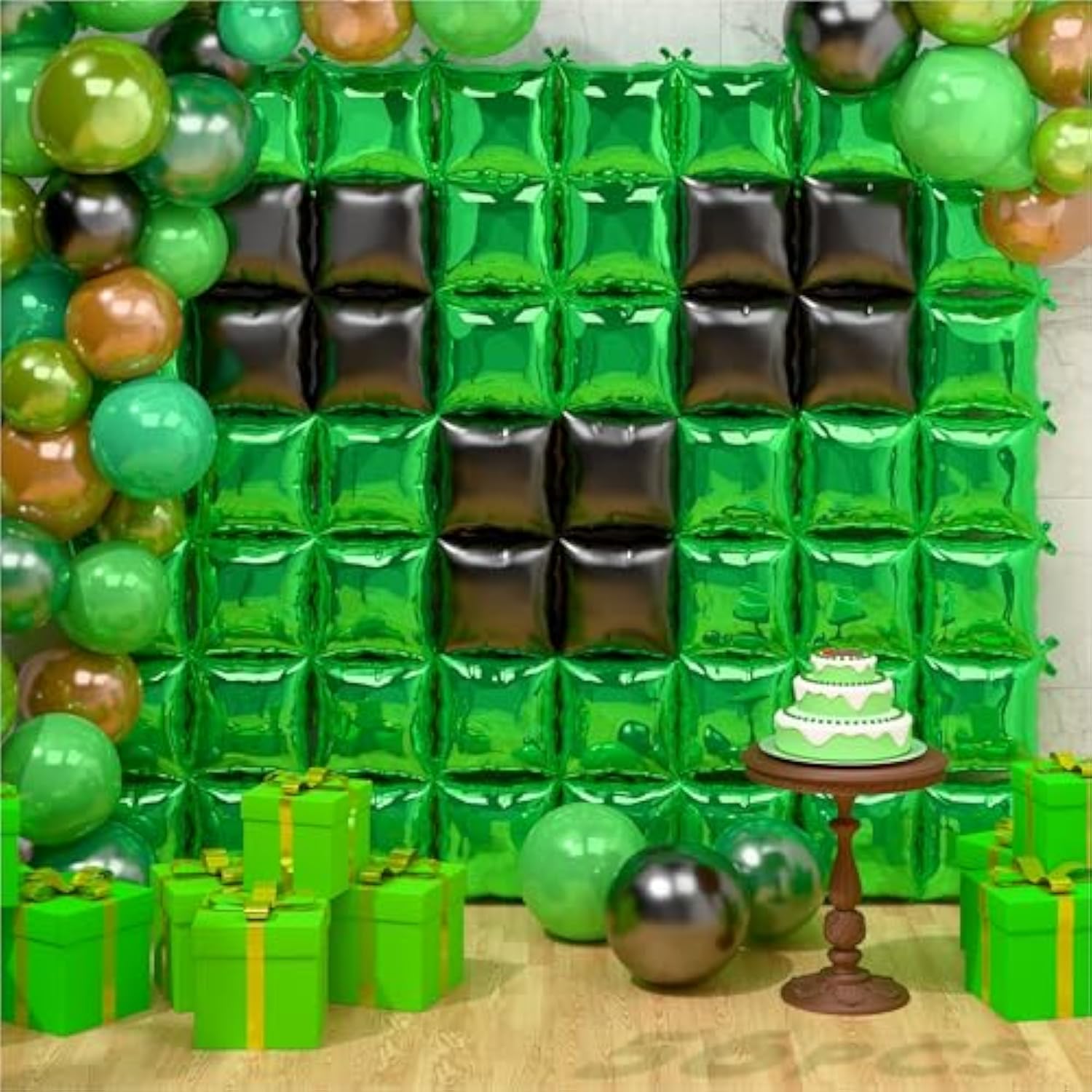 Green Pixel Miner Themed Party Square Balloon Wall Decorations, 56Pcs Green Black Foil Metallic Double Sided Cube Balloons Backdrop Tunnel Arch Kit For Baby Shower Birthday Anniversary Summer Party