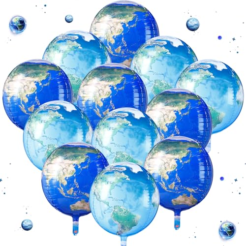 12 Pcs Space Balloons 22 Inch Large 4d Galaxy Planet Balloons World Map Globe Inflatable Earth Outer Space Party Decorations for Travel Theme Party Birthday(Earth)