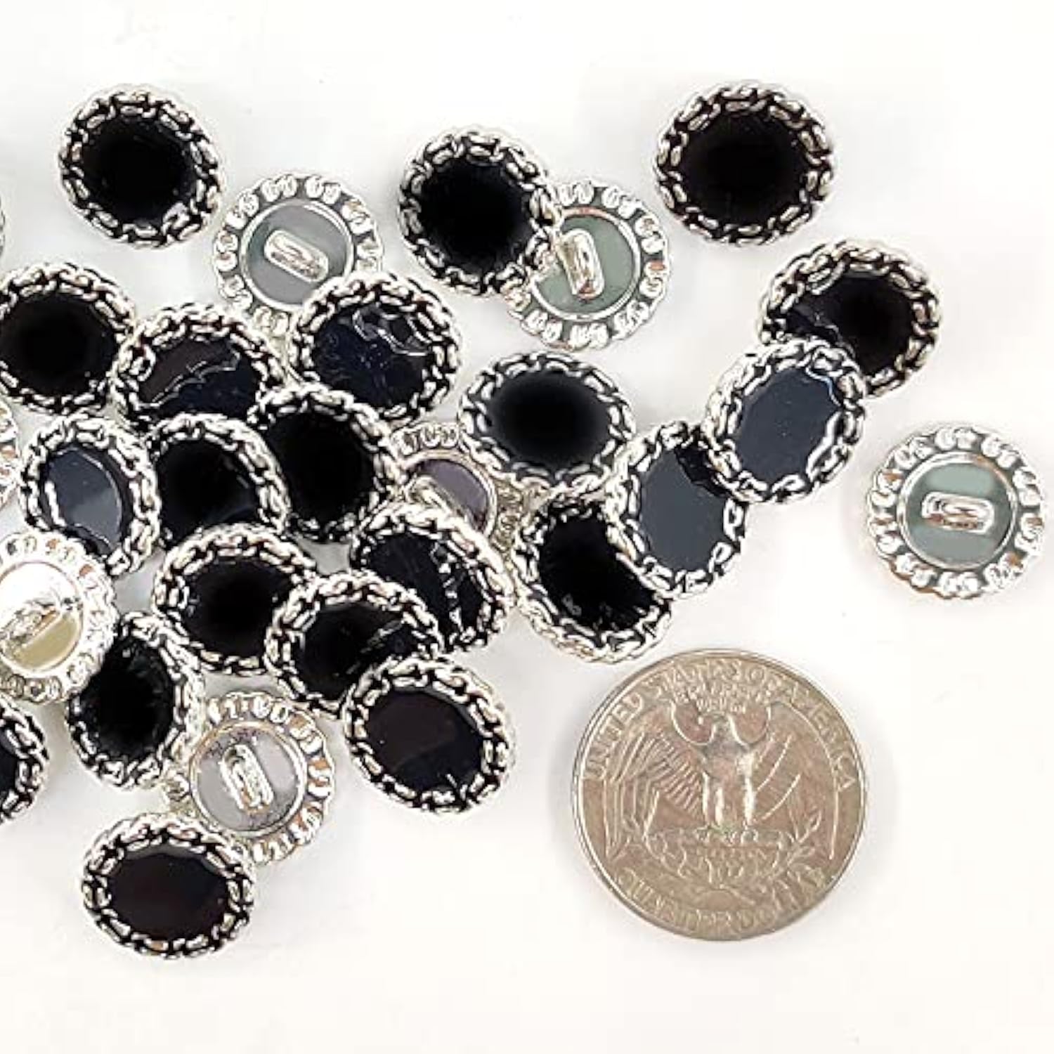 Classic Silver Metal Base Black Enamel Sewing Shank Buttons 20 Pcs - 1