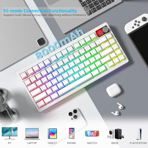 75% Wireless Mechanical Gaming Keyboard With Knob & Dot-Matrix Display Bluetooth5.0/2.4Ghz/Usb C Thocky Creamy Keyboard For Pc Computer, 8000Mah Battery Jelly Key Board For Win/Mac (Mt75-White)