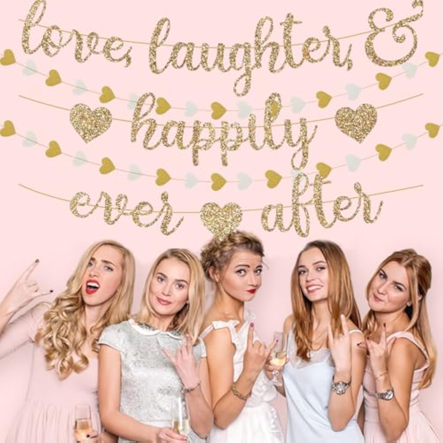 Gold Glitter "Love & Laughter" Banner with Heart Garland for Bridal Shower or Bachelorette