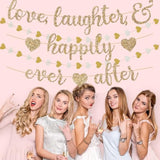 Gold Glitter "Love & Laughter" Banner with Heart Garland for Bridal Shower or Bachelorette