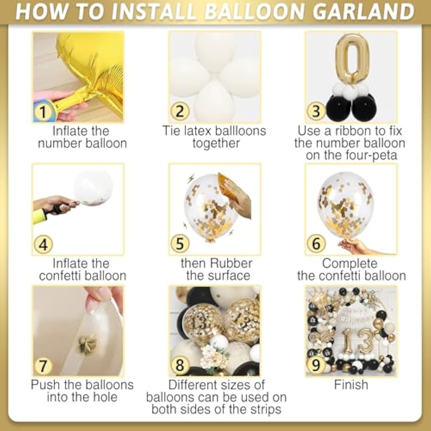 13Th Birthday Balloons Garland Arch Kit,13Th Party Decorations Black Gold Sand White For Boys Girls,With Number 13 Foil Balloons,Happy Birthday Banner For 13 Years Old