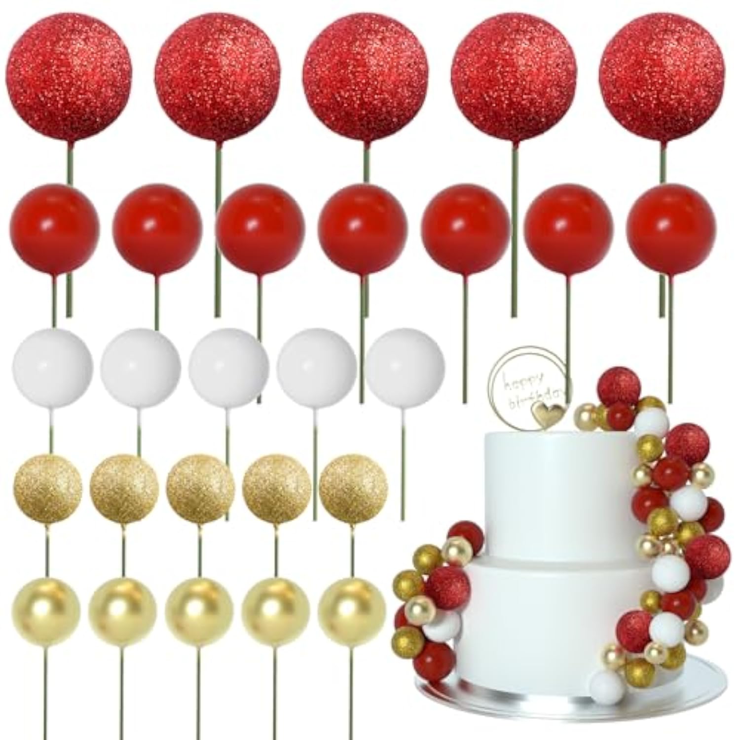 50 Pcs Ball Cake Topper Sticks Mini Balloons For Cake Decorating Supplies Foam Balls For Graduation Cake Birthday Cake Toppers Decorations (Gold?Red Series)