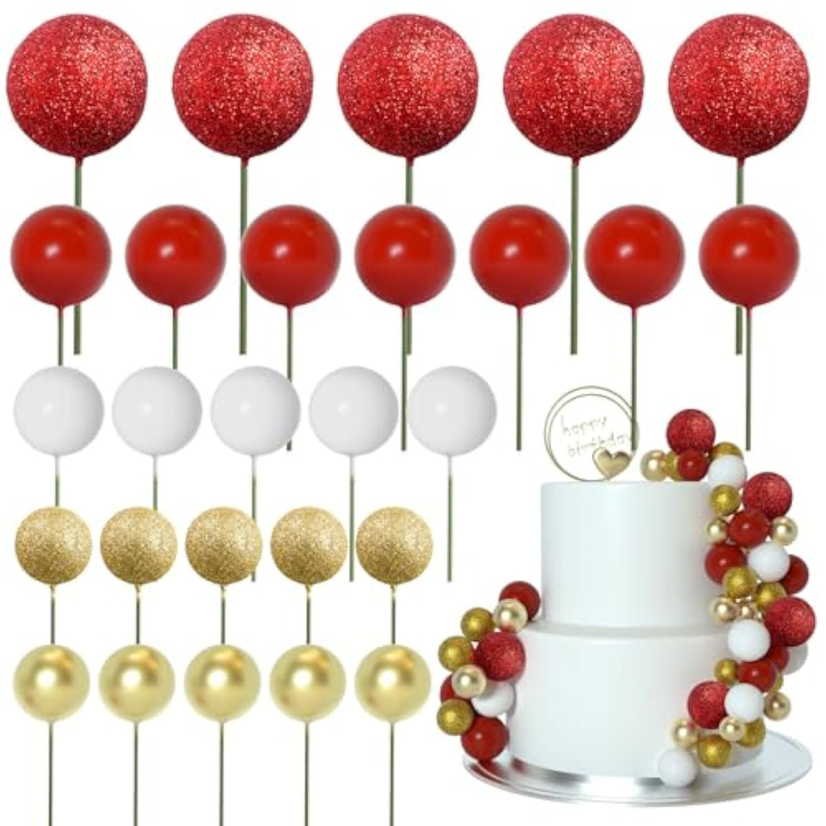 50 Pcs Ball Cake Topper Sticks Mini Balloons For Cake Decorating Supplies Foam Balls For Graduation Cake Birthday Cake Toppers Decorations (Gold?Red Series)