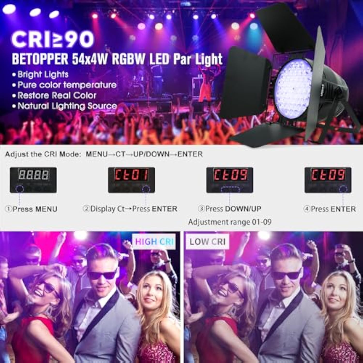 54X4W High Cri Par Light With Barn Doors, Cri/Ra>90 Rgbw 4 In 1 Ultra-Bright Led Stage Lighting, Up To 5600 Lm, Party Disco Dj Light For Photography, Club, Wedding, Show, 1 Pack