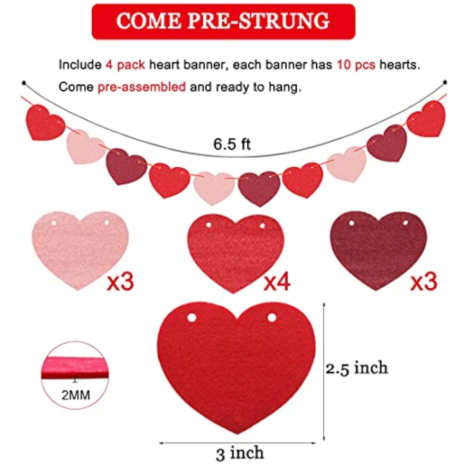 4 Pack Felt Heart Valentine’S Day Garland Banner Valentines Day Heart