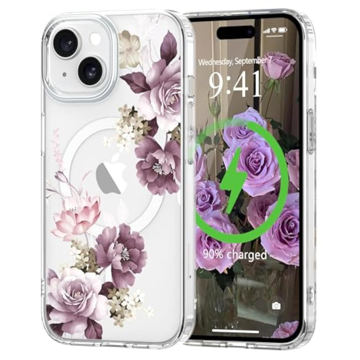 Clear Purple Floral Magnetic iPhone 15 Case
