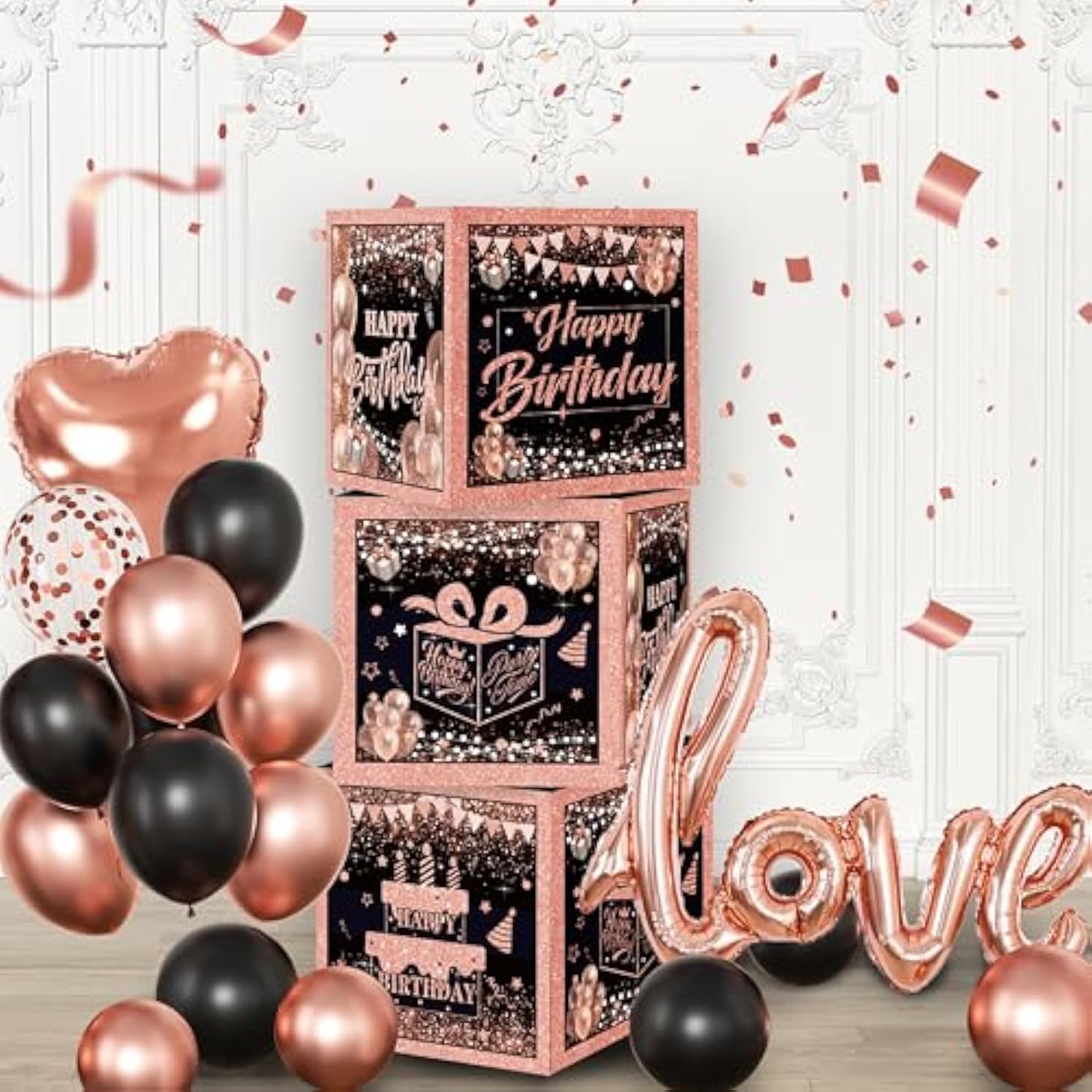 Rose Gold Birthday Party Decorations Kit For Women,4Pcs Birthday Decorations For Women Girls Black And Pink Balloon Boxes Birthday Party Favors