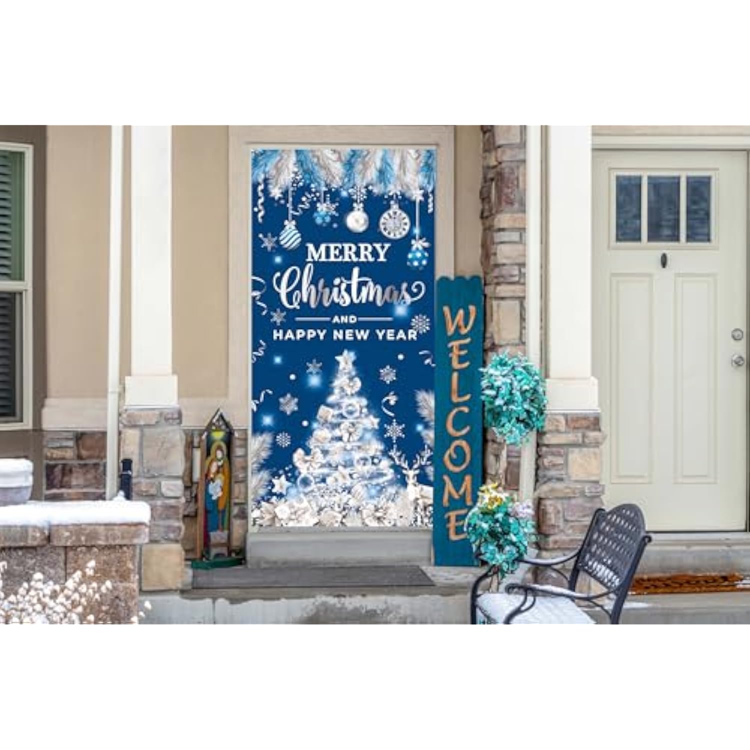 Christmas Door Cover For Front Door - Merry Xmas Banner Blue Silver Christmas Tree Themed Door Banner Decorations, Merry Christmas And Happy New Year Backdrop For Holiday Party Supplies