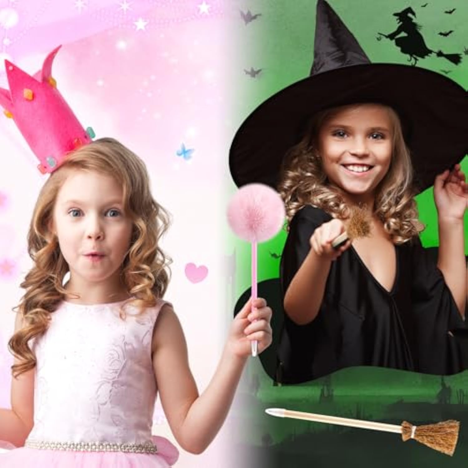 24 Pcs Witch Party Favors Including 12 Witch Broom Pens And 12 Pink Pom Pom Ballpoint Pens Goodie Bags Stuffer Broom Pencils Wands For Wizard Halloween Party Decorations Gifts (Classic)