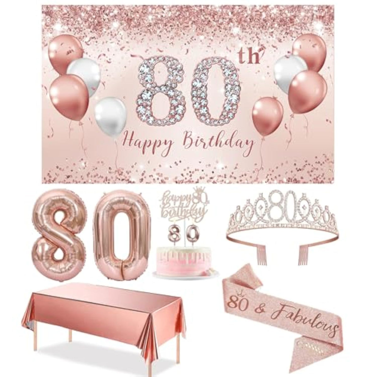 80Th Birthday Decorations Party Set For Women, Rose Gold 80 Birthday Banner And Tablecloth, 80 & Fabulous Sash And Tiara, 1Pc Happy 80Th Birthday Cake Topper, Pink Gold 80 Number Balloons