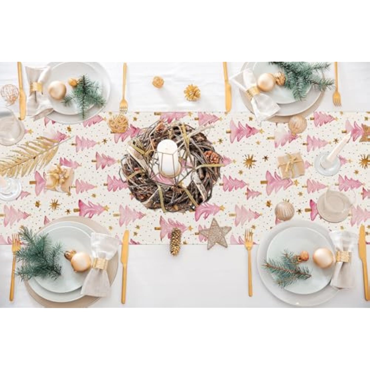Christmas Table Runner 13X72 Inch, Pink Merry Christmas Trees Table Decors For Seasonal Winter Xmas Holiday Farmhouse Home Kitchen Dining Party