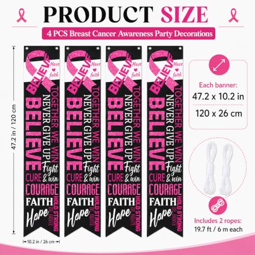 4 Pieces Breast Cancer Awareness Party Decorations Pink Ribbon Fence Banner Porch Signs Hope Strength Courage Faith Hanging Banner Supplies for Breast Cancer Awareness Event Charity Party
