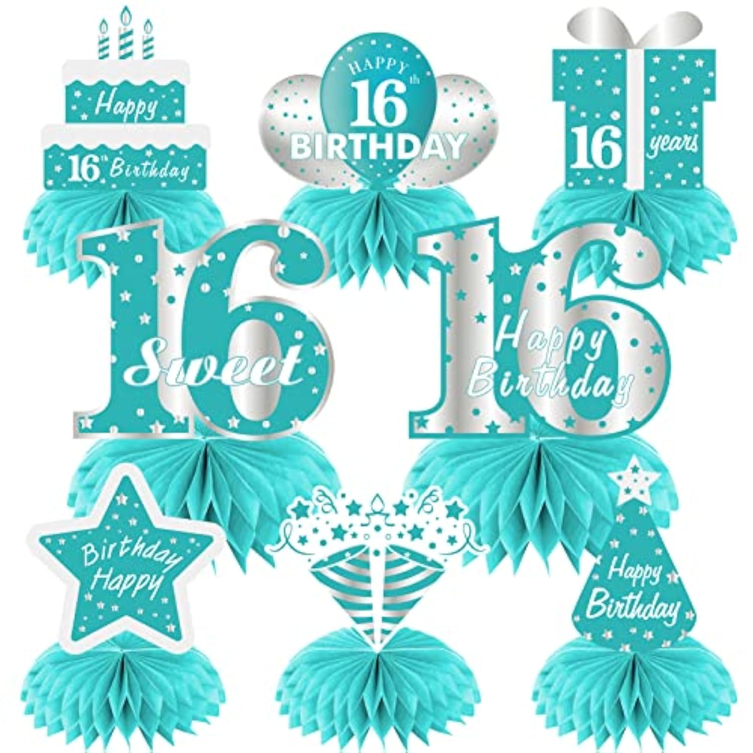 Teal Sweet 16 Birthday Honeycomb Centerpieces: 8-Piece Table Decorations