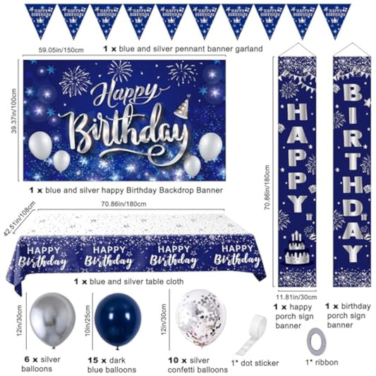 Birthday Decorations For Men Women, Navy Blue Happy Birthday Decorations For Boys Girls Bday Party Supplies, Happy Birthday Door Banner Porch Sign Tablecloth Bday Backdrop Balloons Decor For Him