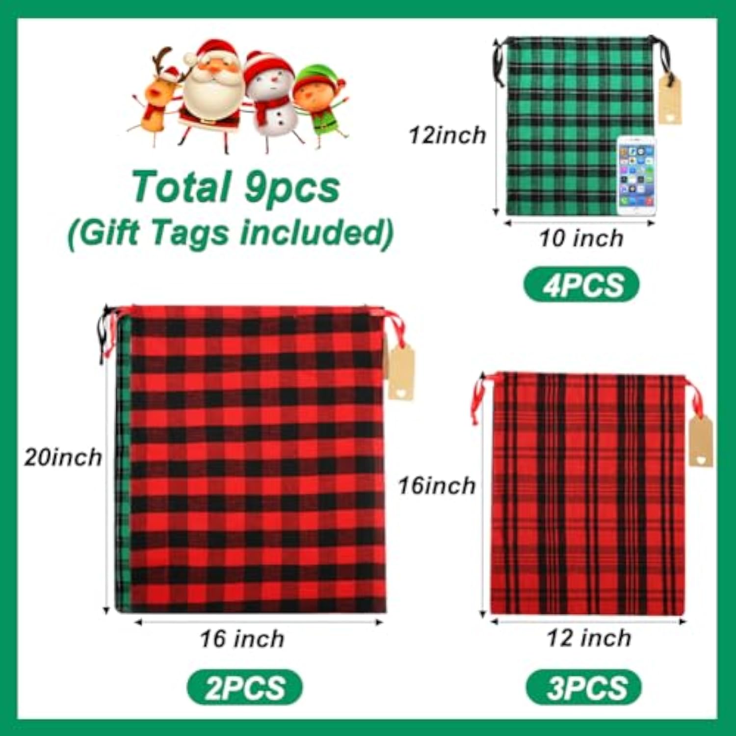 Fabric Christmas Gift Bags Assorted (Large 20In, Medium 16In, Small 12In), 9Pcs Cotton Gift Wrapping Sacks Cloth Pouches For Xmas Presents