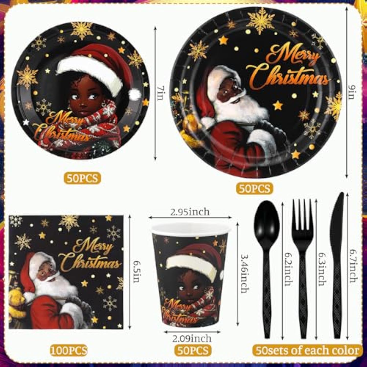 194 Pcs Black Santa Christmas Decorations Black African American Claus Girl Christmas Disposable Paper Dinnerware Set Includes Plates Cups Napkins Knives Forks Spoons For Xmas Party Supplies