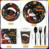 194 Pcs Black Santa Christmas Decorations Black African American Claus Girl Christmas Disposable Paper Dinnerware Set Includes Plates Cups Napkins Knives Forks Spoons For Xmas Party Supplies