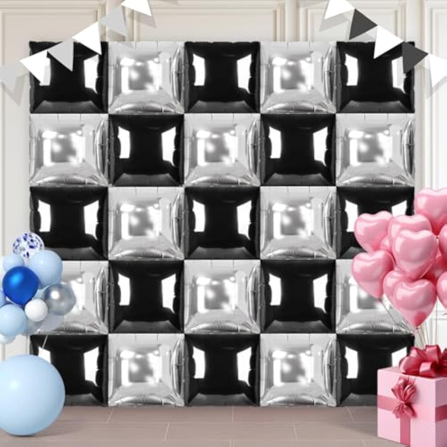 Black Silver Square Balloon Wall 25pcs Double Sided for Party Backdrop Decor