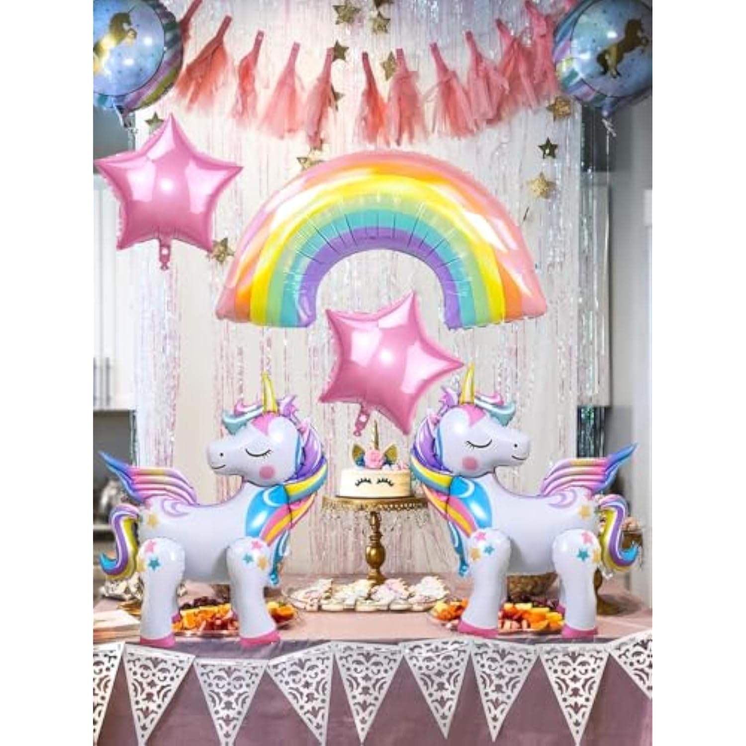 Unicorn 4Th Birthday Party Decorations Balloon Set With Self Standing Unicorn, Large Rainbow, Colorful Number 4, Star Balloons For Girl Purple Pink Theme 4Th Party Supplies.(4Th)