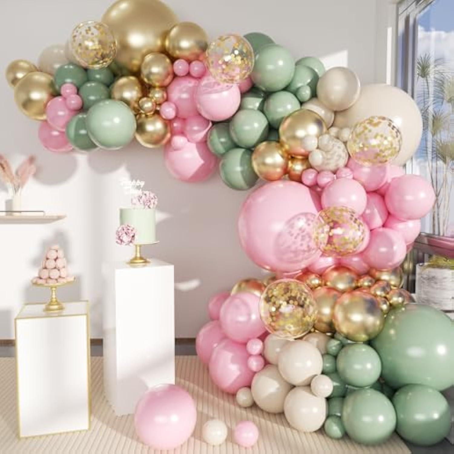 141pcs Sage Green, Pink & Gold Balloon Arch Kit for Birthday, Wedding  Baby Shower