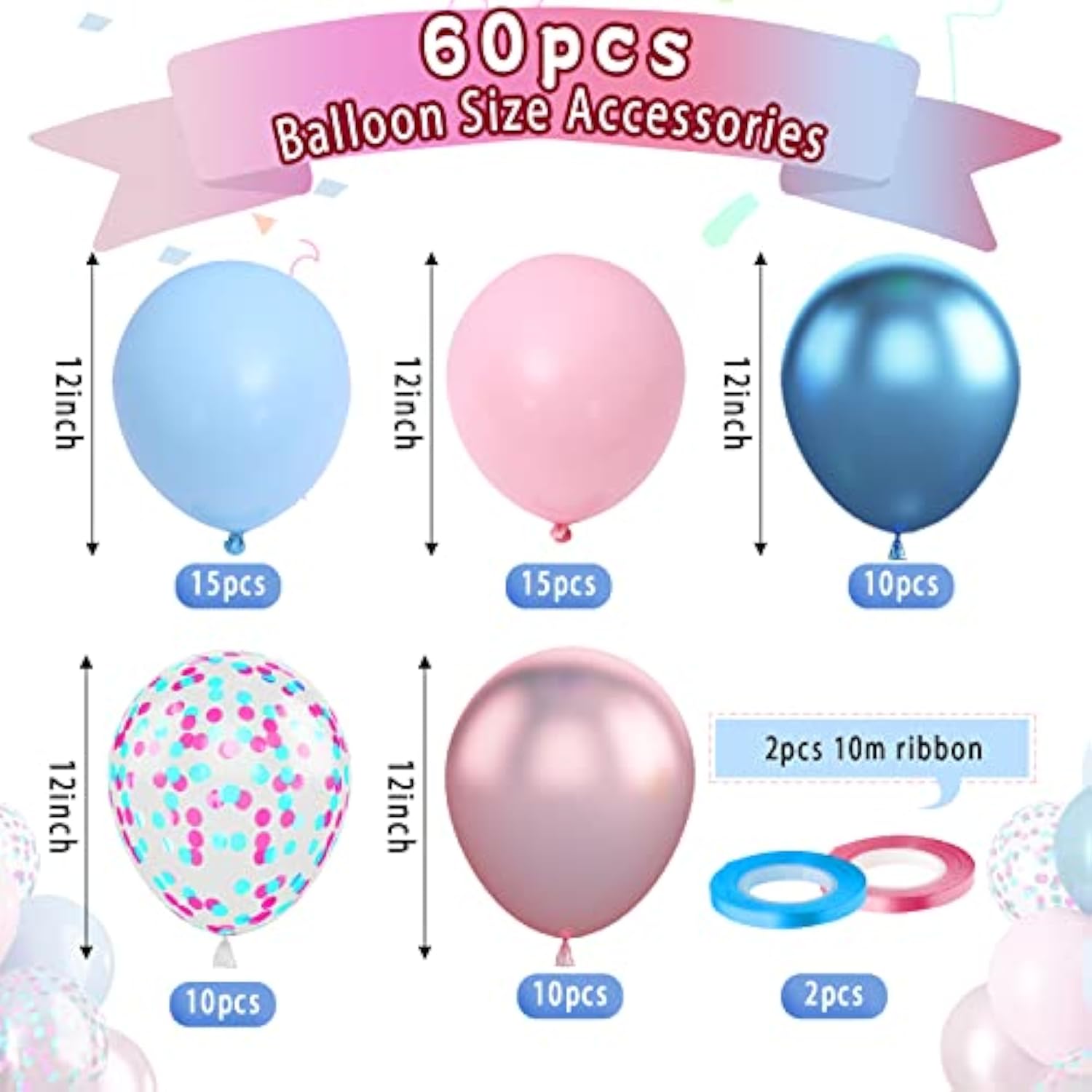 60 Pcs Macaron Pink & Blue Balloons, Metallic Baby Shower, Gender Reveal Decor