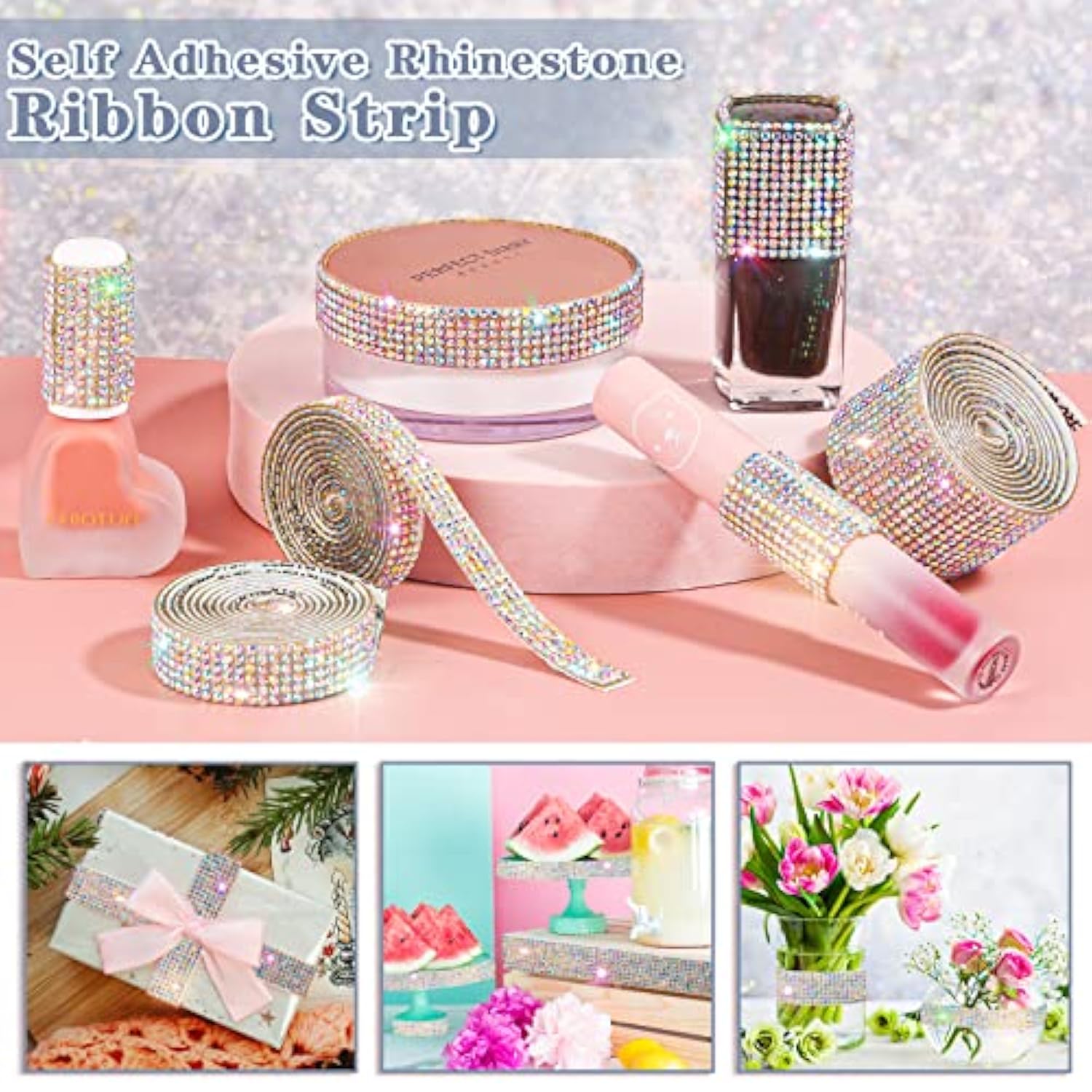 8 Rolls Rhinestone Ribbons, 8 Yard Silver Self Adhesive Rhinestone Ribbon, Bling Crystal Diamond Ribbon Roll Wrap Glittering Rhinestones Sticker For Decoration Car Diy Arts Crafts Wedding