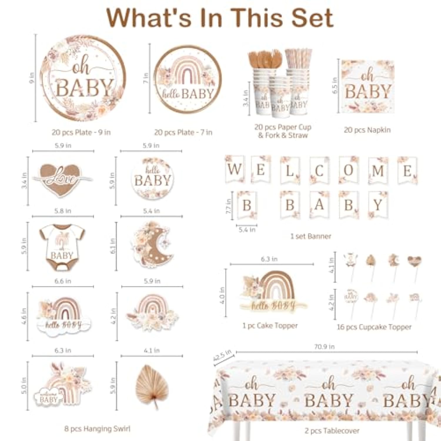 138PCS Boho Baby Shower Tableware Set – Plates, Napkins, Banner for 20 Guests