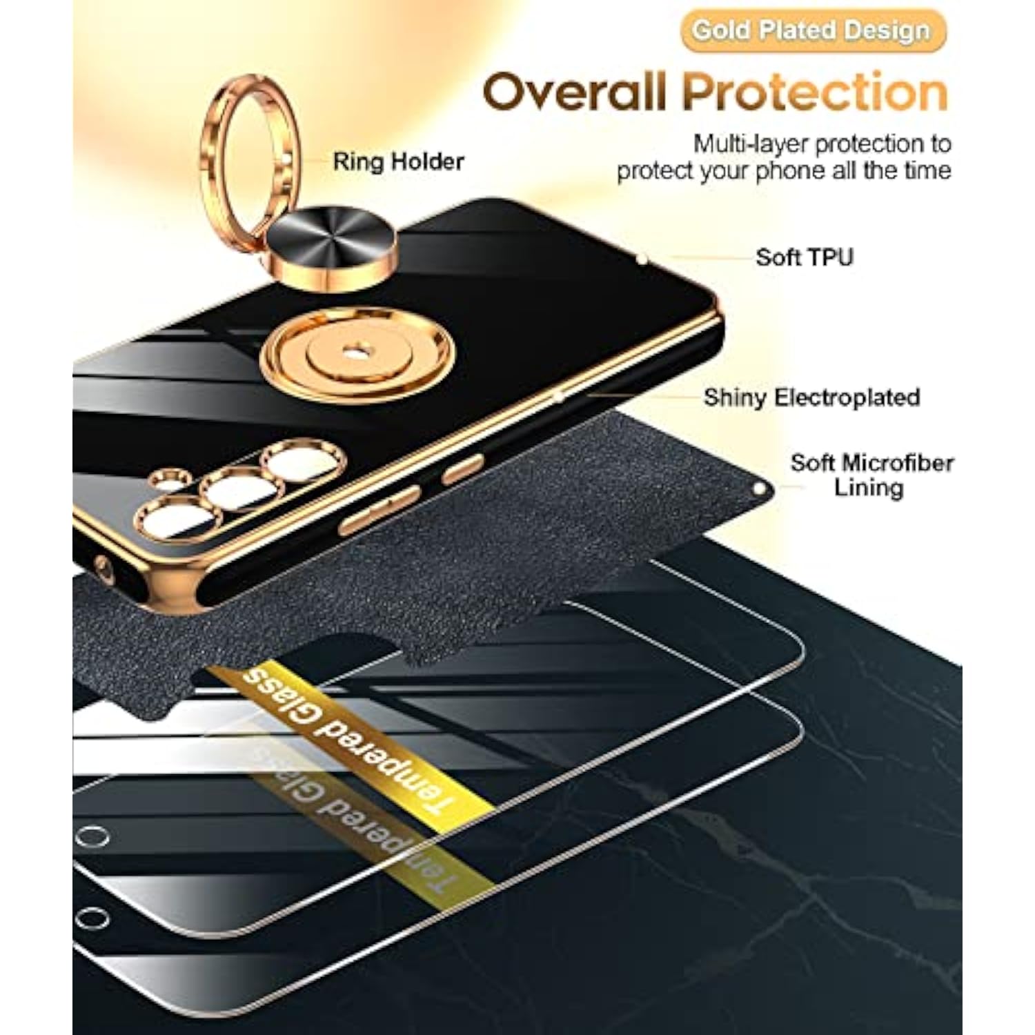 For Galaxy A54-5G Phone Case: With Tempered Glass Screen Protector [2 Pack] 360° Rotatable Ring Holder Magnetic Kickstand, Plating Rose Gold Edge Cell Funda Para Samsung A 54 5G Case, Black