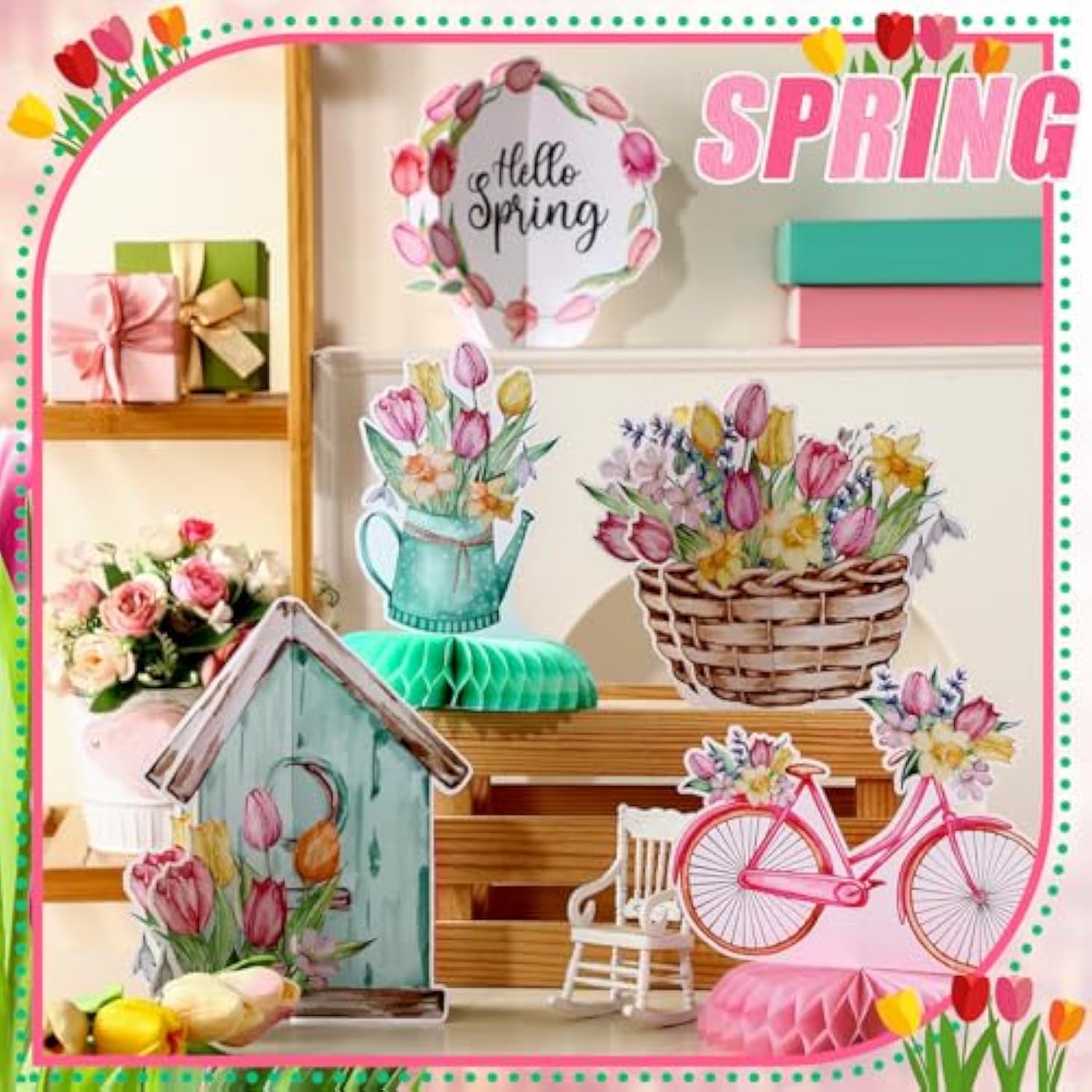 12 Pcs Spring Party Decorations Hello Spring Theme Party Decorations Flower Tulip Honeycomb Table Centerpieces For Home Office Birthday Honeycomb Supplies Decor