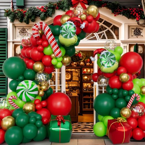Christmas Balloon Garland Arch Kit with Xmas Red Green Gold Confetti Balloons Candy Cane Gift Box Foil Balloons for Christmas New Year Birthday Party Decorations